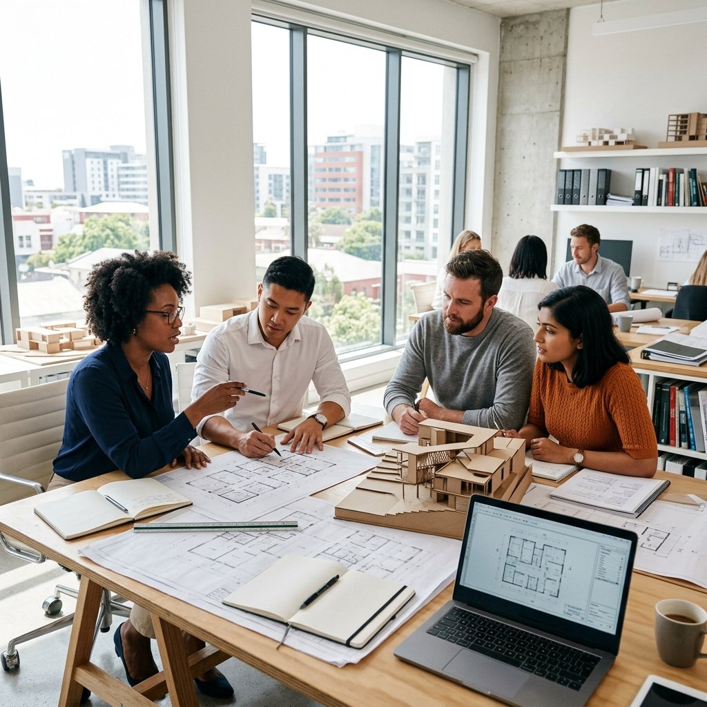 Equipo de arquitectos de ARCA trabajando en planos y maquetas en estudio moderno