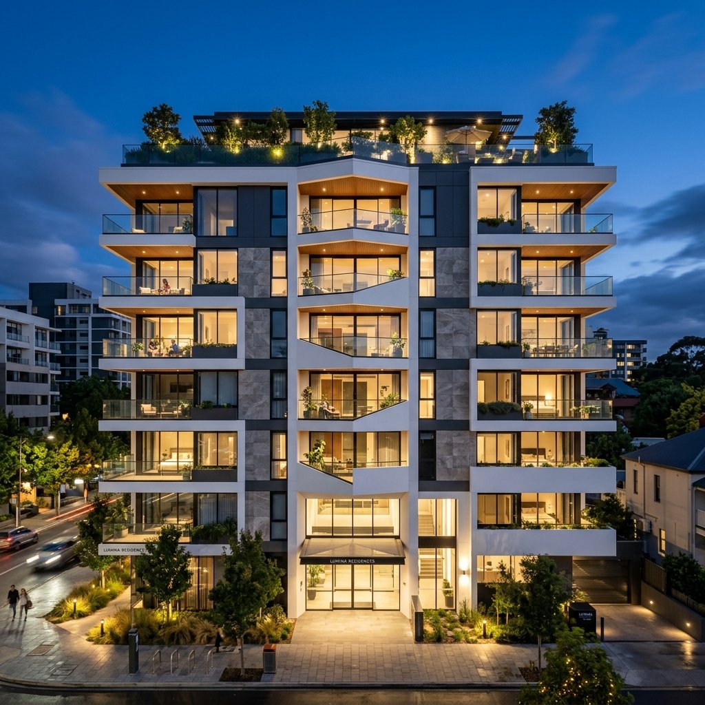 Edificio de departamentos de lujo con fachada geométrica y balcones de cristal, arquitectura urbana contemporánea