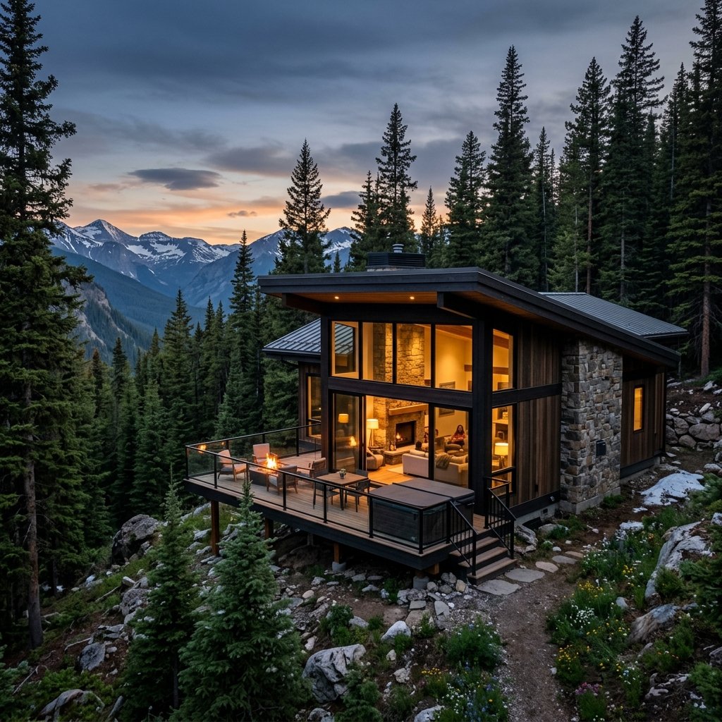 Cabaña moderna en las montañas con estructura de madera y piedra, grandes ventanales panorámicos entre pinos