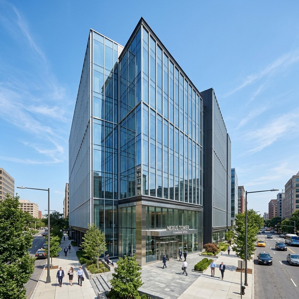 Edificio corporativo moderno con fachada de vidrio y acero, arquitectura corporativa de vanguardia