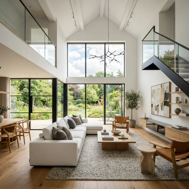 Interior de sala de estar moderna con doble altura, pisos de madera natural y mobiliario de diseñador
