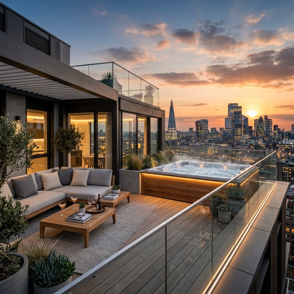 Terraza de penthouse con vista panorámica de la ciudad, diseño minimalista con mobiliario exterior de lujo