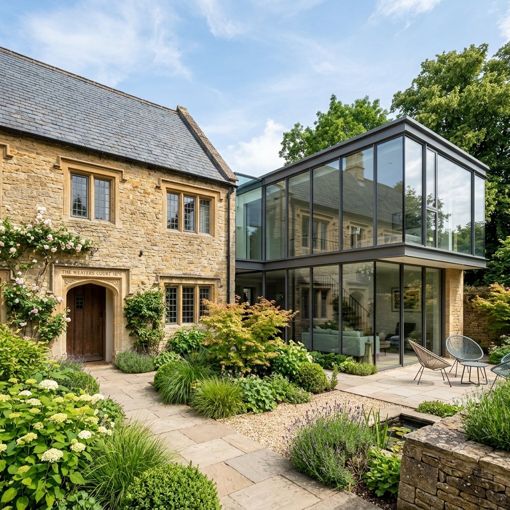 Edificio histórico renovado con extensión moderna de vidrio, fusión de arquitectura clásica y contemporánea