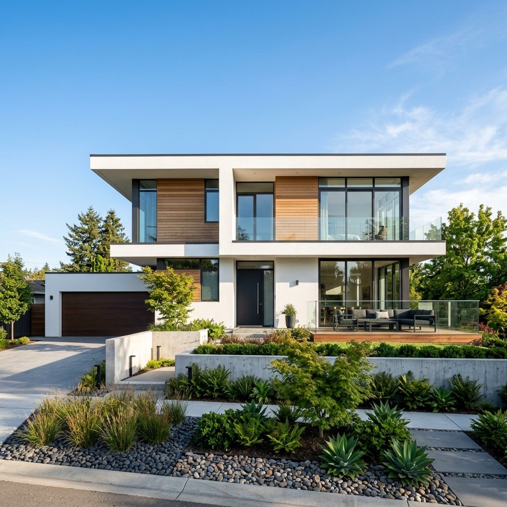 Casa residencial contemporánea de dos niveles con fachada blanca y amplios ventanales de piso a techo