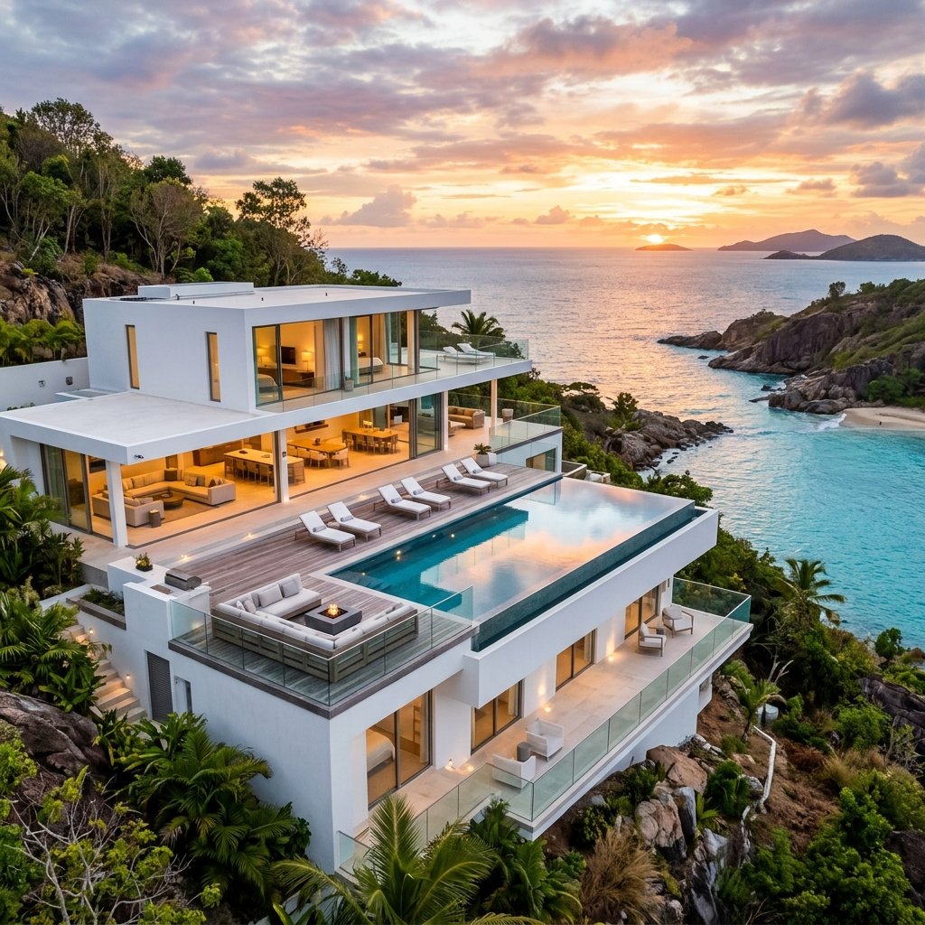 Villa moderna de lujo con piscina infinita y vista al mar, diseño minimalista con terrazas escalonadas